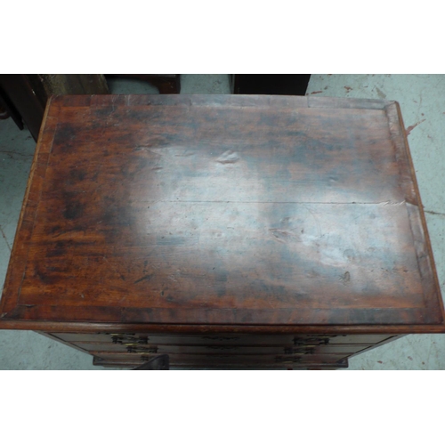 114 - GIII Mahogany Crossbanded Chest of four long graduated drawers of small proportions on bracket feet,... 