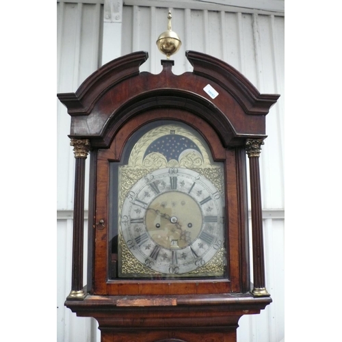 117 - 18thC Walnut Dome topped 8 day long case clock with moon phase above brass dial, ormolu spandrels, s... 