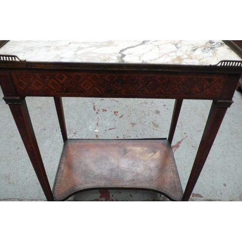 118 - 19thC Marble topped parquetry Rosewood, mahogany and hardwood table with ormolu galleried top, singl... 