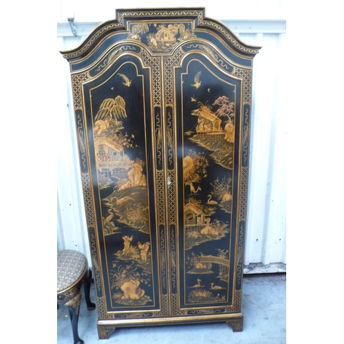 119 - Oriental design black and gold lacquered bedroom suite comprising bed frame, mattress and topper, ch... 