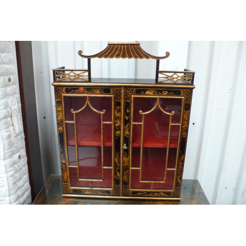 119 - Oriental design black and gold lacquered bedroom suite comprising bed frame, mattress and topper, ch... 