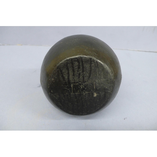 134 - A Vicus Blackware Pottery Effigy Stirrup Handle Vessel in the form of a restrained man in a conical ... 