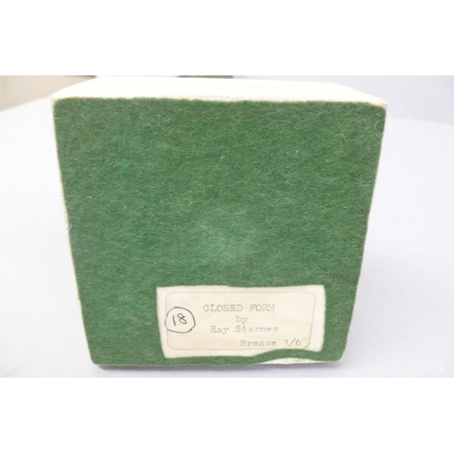 137 - Ray Starnes
Closed form. Brown patinated bronze mounted on square stone socle, Signed 1/6
Ht. 15.5in... 