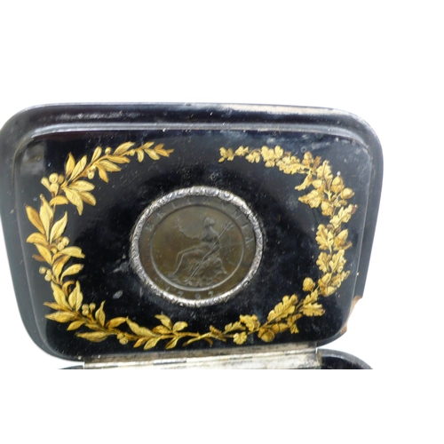 142 - 19thC Jennens & Bettridge papier mache box having mother of pearl decoration and a central insert to... 
