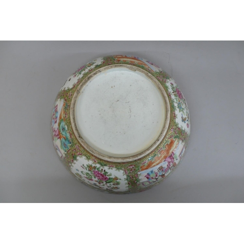 146 - A 19thC Canton Porcelain punch bowl with decoration of cartouches of figures, birds and insects, Dia... 