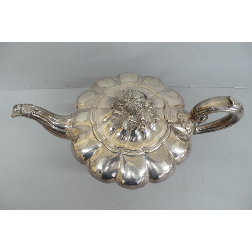 148 - Victorian Quality fluted silver tea pot with pumpkin finial reeded spout and handle on four splayed ... 