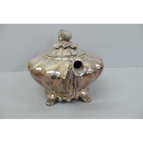 148 - Victorian Quality fluted silver tea pot with pumpkin finial reeded spout and handle on four splayed ... 