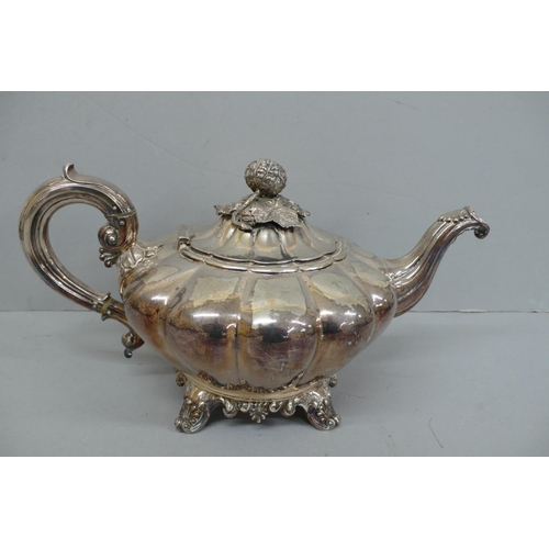 148 - Victorian Quality fluted silver tea pot with pumpkin finial reeded spout and handle on four splayed ... 