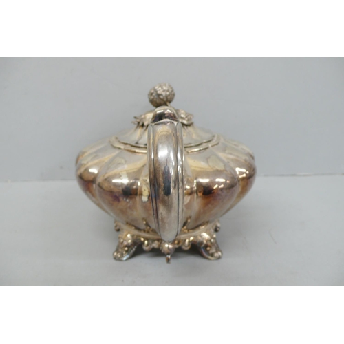 148 - Victorian Quality fluted silver tea pot with pumpkin finial reeded spout and handle on four splayed ... 