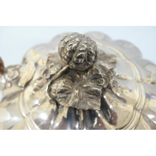 148 - Victorian Quality fluted silver tea pot with pumpkin finial reeded spout and handle on four splayed ... 