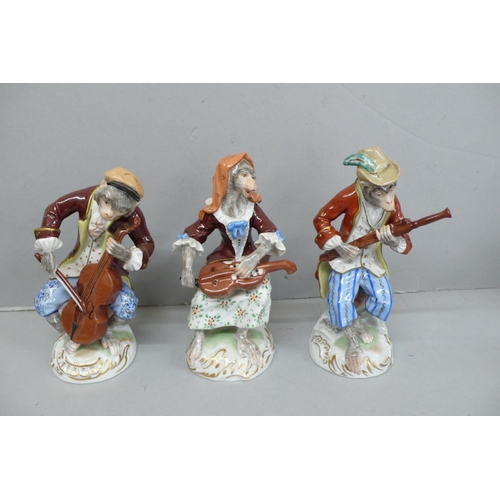 152 - Twelve Dresden Porcelain members of the monkey band, Tallest Ht. 6.5ins
(Some little bits of damage)