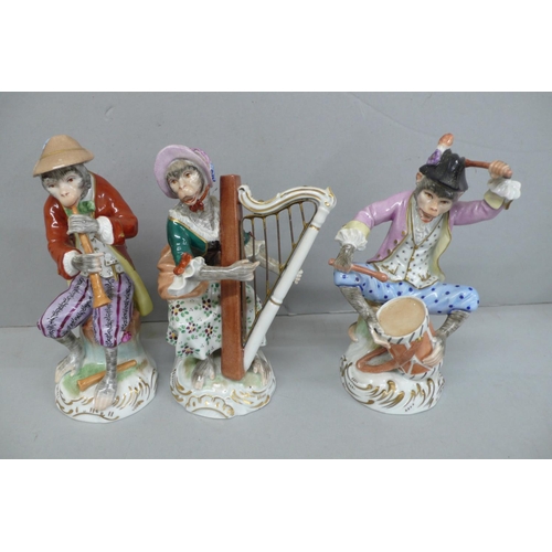 152 - Twelve Dresden Porcelain members of the monkey band, Tallest Ht. 6.5ins
(Some little bits of damage)