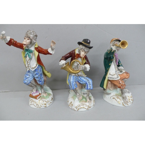 152 - Twelve Dresden Porcelain members of the monkey band, Tallest Ht. 6.5ins
(Some little bits of damage)