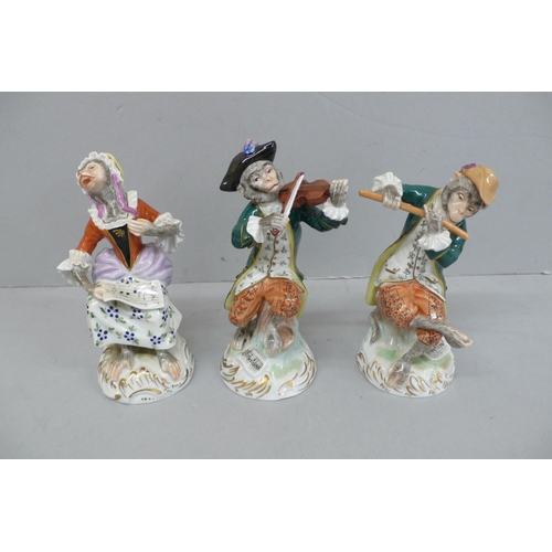 152 - Twelve Dresden Porcelain members of the monkey band, Tallest Ht. 6.5ins
(Some little bits of damage)