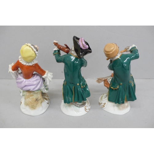152 - Twelve Dresden Porcelain members of the monkey band, Tallest Ht. 6.5ins
(Some little bits of damage)