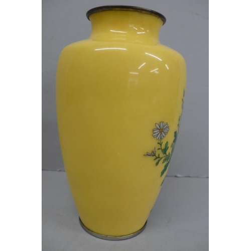 154 - Good Quality Early 20thC Japanese Cloisonne Urn with decoration of  bird in a flower bush on a yello... 