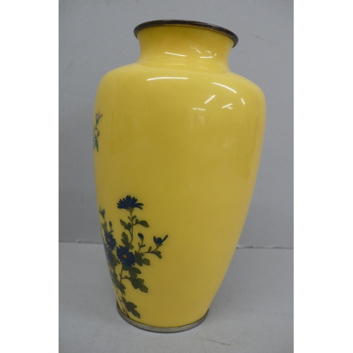 154 - Good Quality Early 20thC Japanese Cloisonne Urn with decoration of  bird in a flower bush on a yello... 