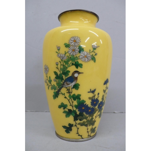 154 - Good Quality Early 20thC Japanese Cloisonne Urn with decoration of  bird in a flower bush on a yello... 