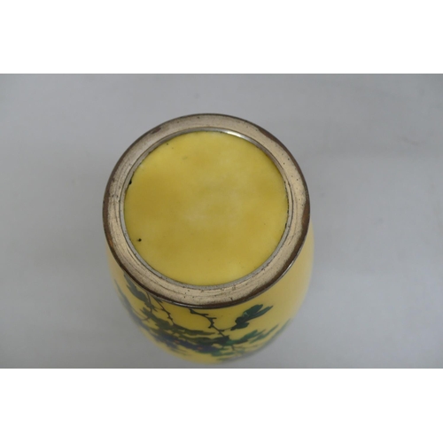 154 - Good Quality Early 20thC Japanese Cloisonne Urn with decoration of  bird in a flower bush on a yello... 