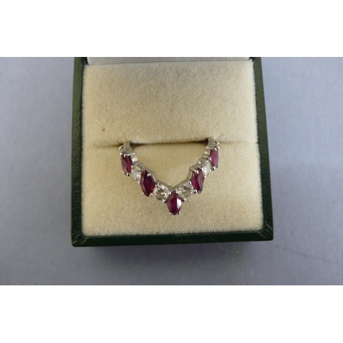 178 - 18ct white gold wishbone ring with marquise shaped rubies and brilliant cut diamonds. Size M/N