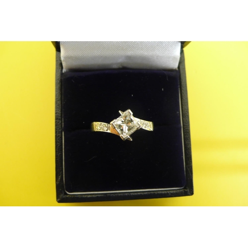 56 - 18ct White Gold Square Diamond Cross Over Ring With Diamond Shoulders, Size L