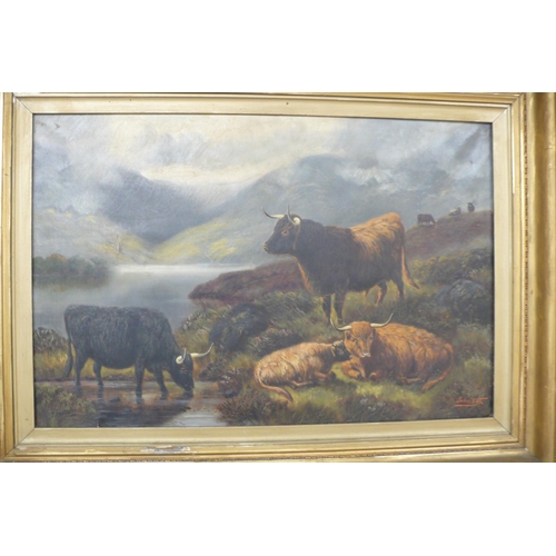 63 - John Fox 
1. Highland Cattle, 2. Sheep By A Loch
Oils on canvas (Pair)
Signed
20x30ins