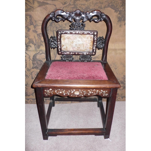 348 - 19thC Chinese Carved Inlaid Hardwood Chair with Bat, foliate and Mother of Pearl Decoration Surround... 