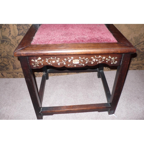 348 - 19thC Chinese Carved Inlaid Hardwood Chair with Bat, foliate and Mother of Pearl Decoration Surround... 