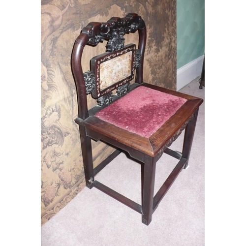 348 - 19thC Chinese Carved Inlaid Hardwood Chair with Bat, foliate and Mother of Pearl Decoration Surround... 