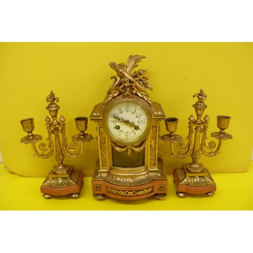 343 - Late 19thC French Three Piece Ormolu and Marble Mantel Clock Garniture With Painted White Enamel Dia... 