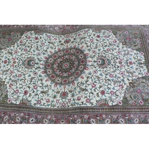 53 - Good Silk on Silk Qom Carpet with eight borders of Flora, Fauna and Geometric Designs surrounding A ... 