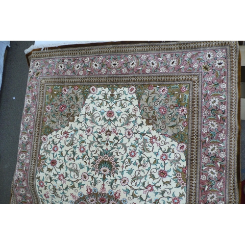 53 - Good Silk on Silk Qom Carpet with eight borders of Flora, Fauna and Geometric Designs surrounding A ... 