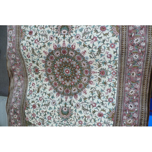 53 - Good Silk on Silk Qom Carpet with eight borders of Flora, Fauna and Geometric Designs surrounding A ... 