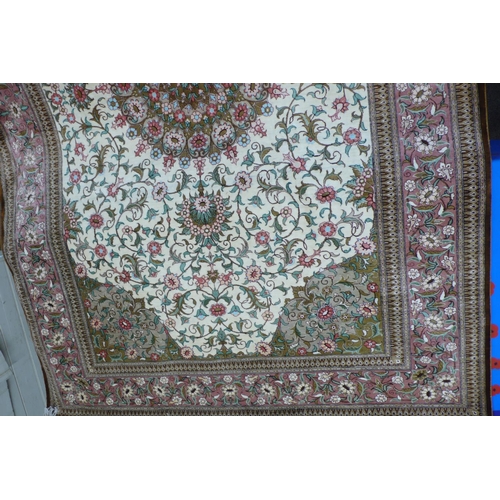 53 - Good Silk on Silk Qom Carpet with eight borders of Flora, Fauna and Geometric Designs surrounding A ... 