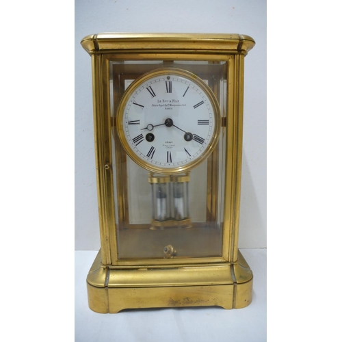 426 - 19thC French Ormolu four glass mantel clock with white enamel dial, Roman numerals, mercury pendulum... 