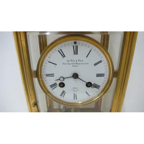 426 - 19thC French Ormolu four glass mantel clock with white enamel dial, Roman numerals, mercury pendulum... 