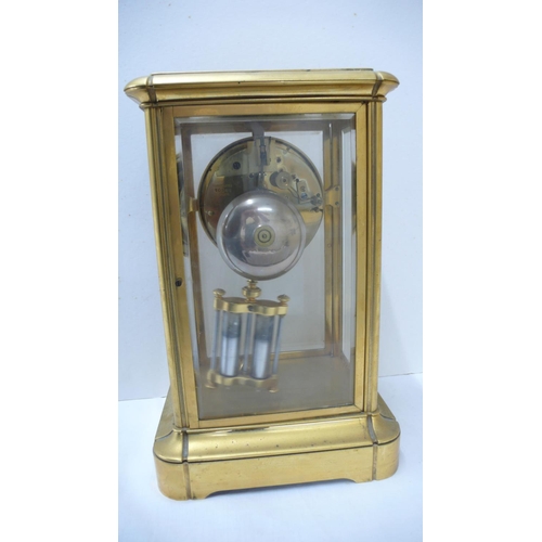 426 - 19thC French Ormolu four glass mantel clock with white enamel dial, Roman numerals, mercury pendulum... 