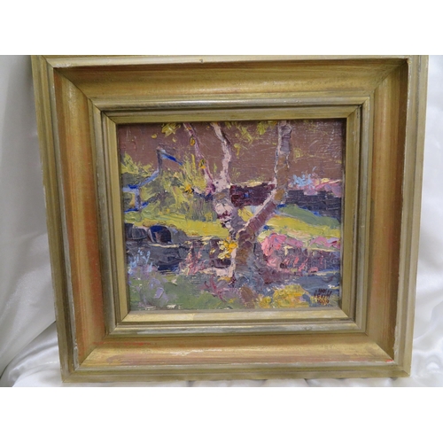 10 - Ann Heath, 'Tree by the Stream', oil on board, signed & dated 1989, 6x7ins