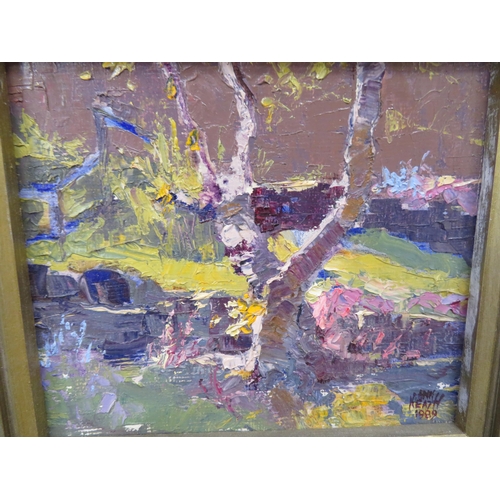 10 - Ann Heath, 'Tree by the Stream', oil on board, signed & dated 1989, 6x7ins