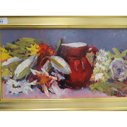 11 - Ann Heath, 'The Red Jug', oil on board, signed & dated 2014, 10x18ins