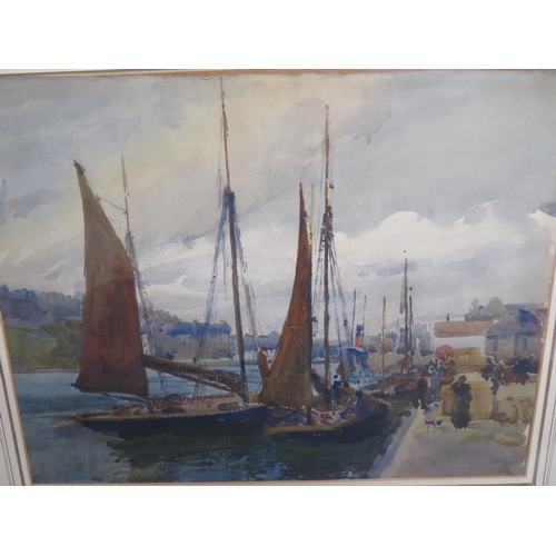 120 - In the style of Archibald Knox
Fishing Boats by the Quay, watercolour, 18x24ins