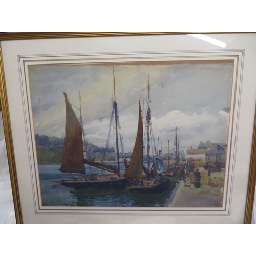 120 - In the style of Archibald Knox
Fishing Boats by the Quay, watercolour, 18x24ins