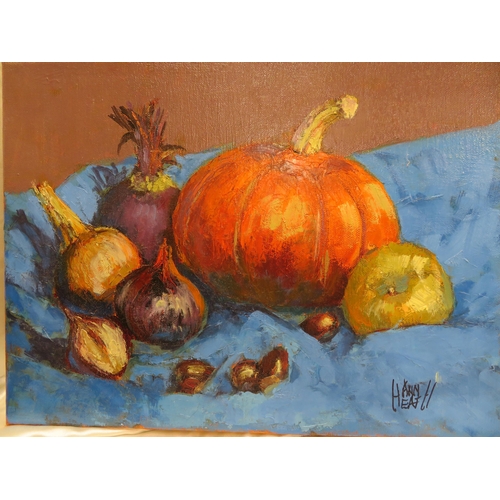 16 - Ann Heath, 'Still Life Squash, Onions and an Apple', oil on canvas, signed, 12x16ins