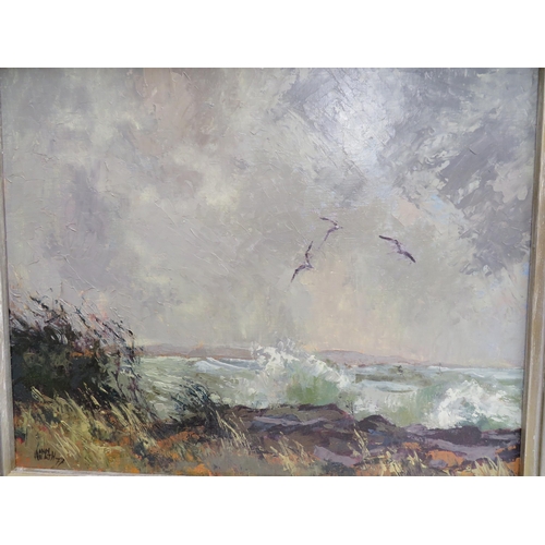 19 - Ann Heath, ' Sou'wester at Gansey', oil on board, signed and dated '77, 15x18ins