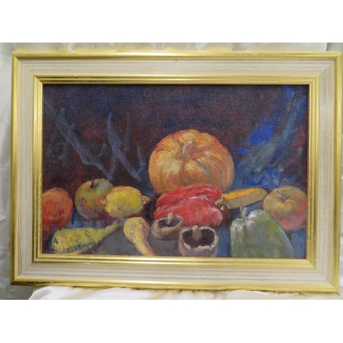 20 - Ann Heath, 'Still Life Fruit & Vegetables', oil on board, 10.5x16.5ins