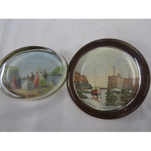 38 - Maurice Heath, 1)Edwardian Ladies by a Beach Hut, 2) Laxey Harbour, applied to glass paperweights