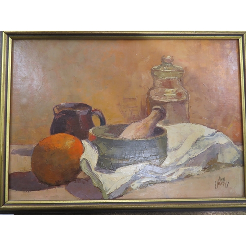 136 - Ann Heath, Still life pestle and mortar, Oil on Board, signed, 11 X 15ins