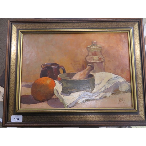 136 - Ann Heath, Still life pestle and mortar, Oil on Board, signed, 11 X 15ins