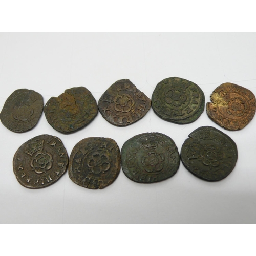 116 - Nine Charles I 1625-1649 Rose Farthings, S3204, Type 1d(2), 1d/2a(3), 2a, 2f(2)`