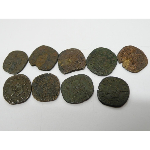 116 - Nine Charles I 1625-1649 Rose Farthings, S3204, Type 1d(2), 1d/2a(3), 2a, 2f(2)`